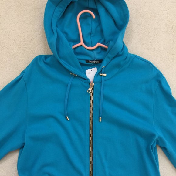 Balmain Paris Made in ITALY Men Turquoise Long Hooded Sweatshirt Sweater New - Picture 12 of 12